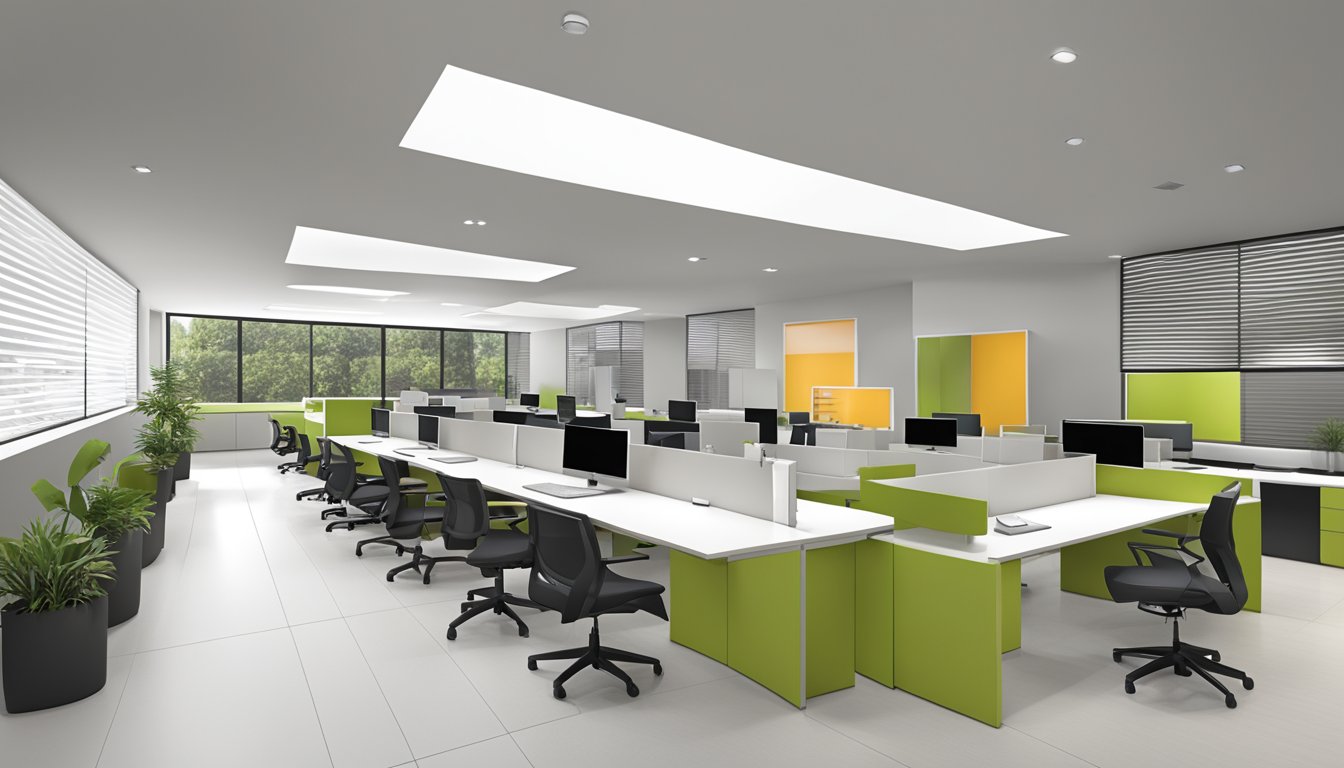 A modern office furniture store with sleek, minimalist designs and interactive customer service displays. Trendy color schemes and ergonomic seating options are showcased