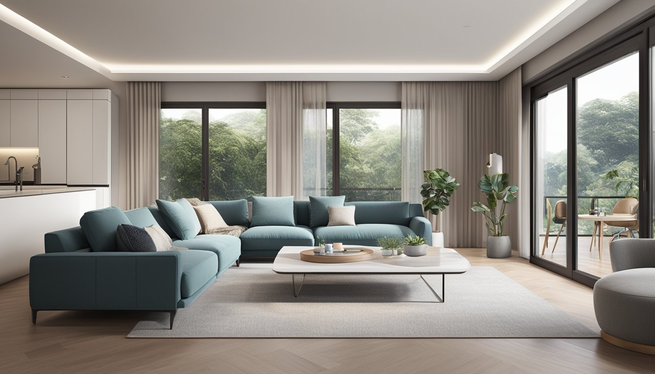 A modern Italian sofa sits in a spacious living room in Singapore, surrounded by sleek decor and natural light