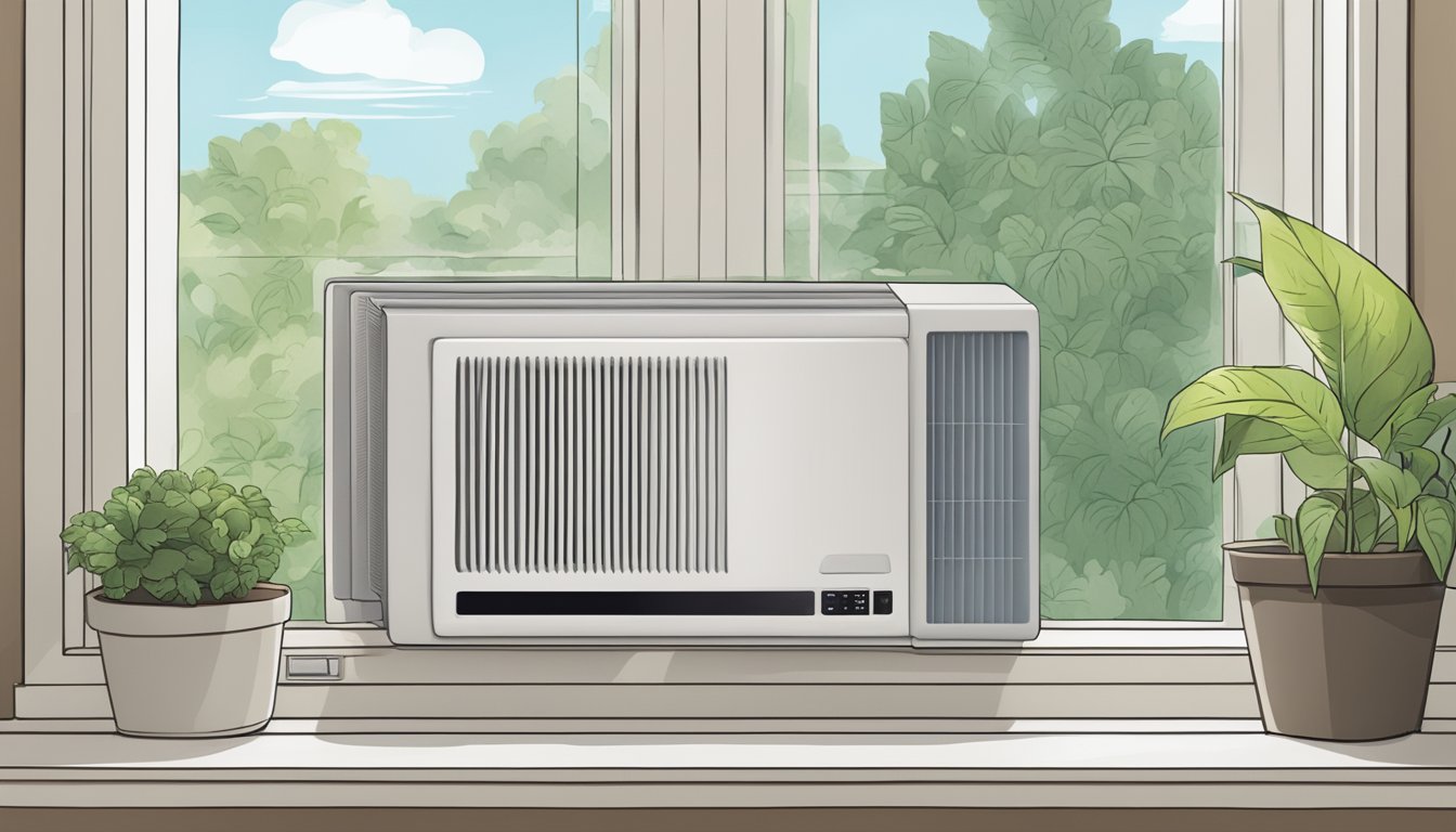 A window mount air conditioner sits on a windowsill with a "Frequently Asked Questions" pamphlet beside it