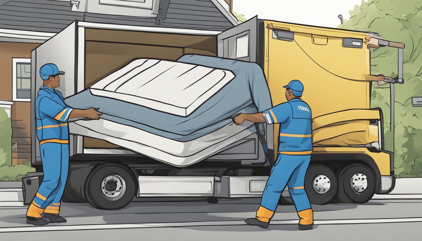 A professional disposal team carefully removes a mattress from a home, loading it onto a truck for proper disposal