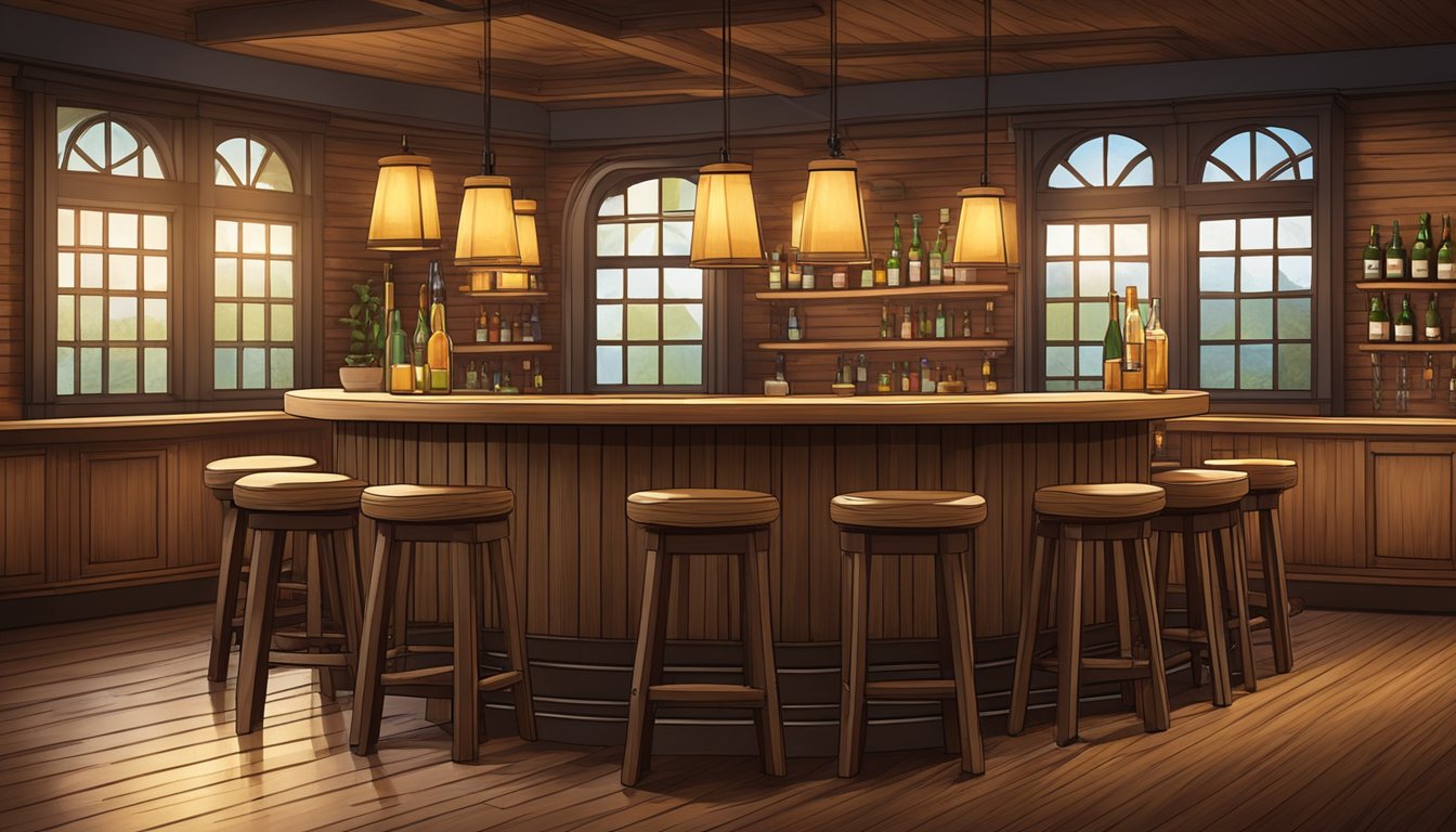 Wooden bar stools arranged in a semi-circle around a high top table. A warm, rustic atmosphere with dim lighting and a cozy ambiance