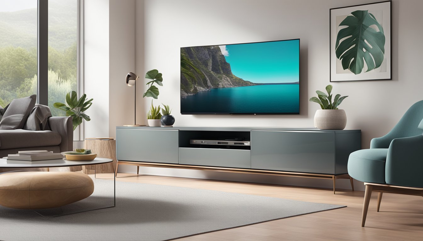 A sleek, modern TV console with clean lines and a glossy finish sits against a backdrop of a minimalist living room