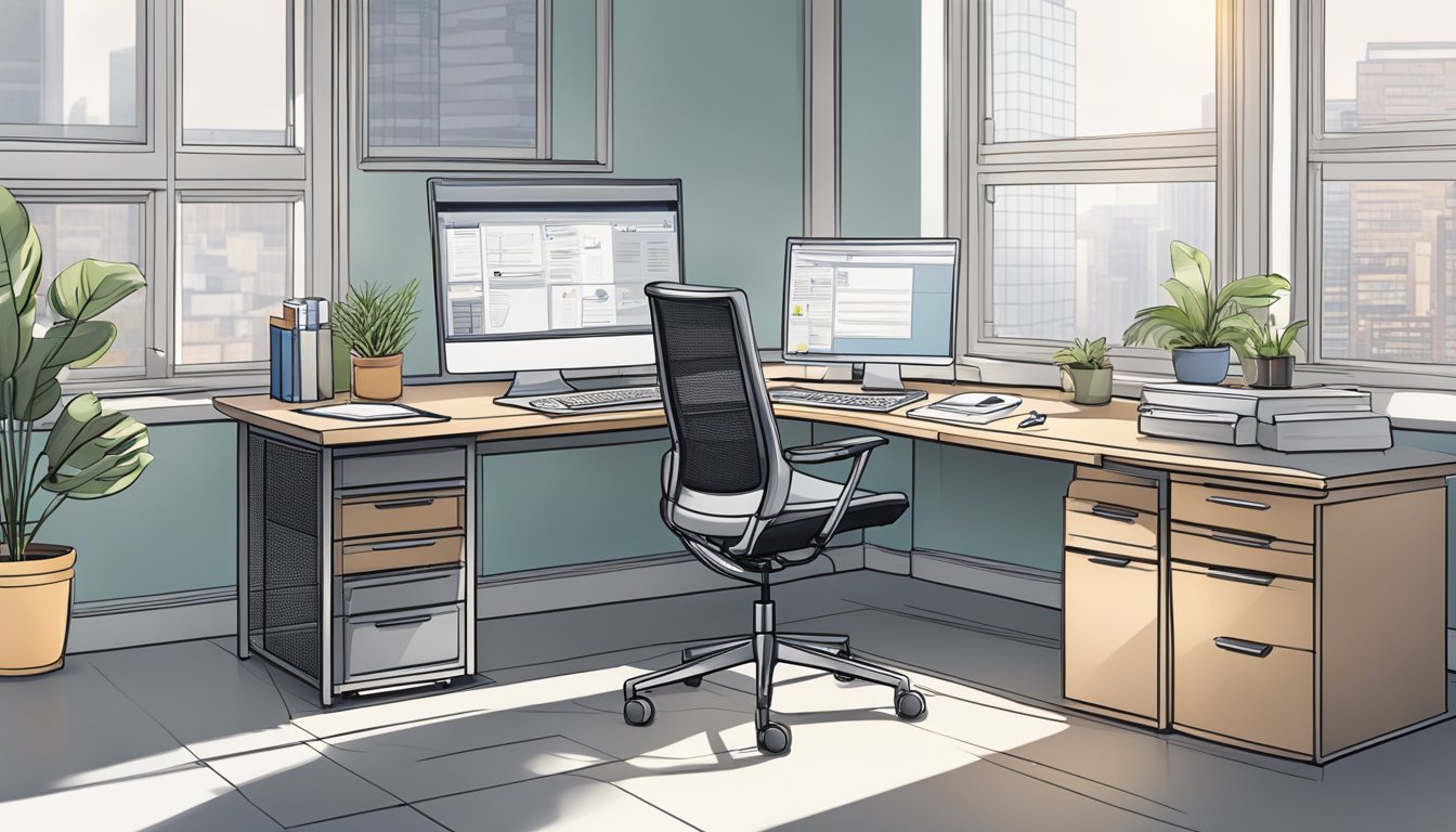 A mesh office chair sits in front of a desk, with a computer and papers scattered around. The chair has adjustable armrests and a swivel base