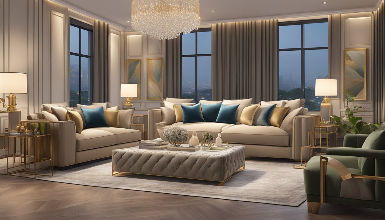 A luxurious Italian sofa stands in a chic Singapore living room, surrounded by elegant decor and soft lighting