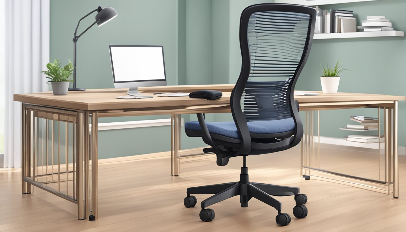 A mesh office chair with adjustable armrests and lumbar support, set against a modern desk with a computer and paperwork