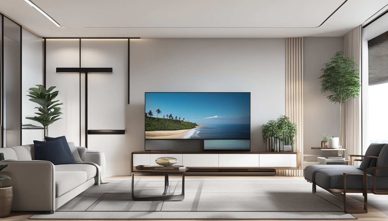 A sleek, modern TV console stands against a white wall, with clean lines and a glossy finish. The console features ample storage and a minimalist design, adding a touch of sophistication to the room