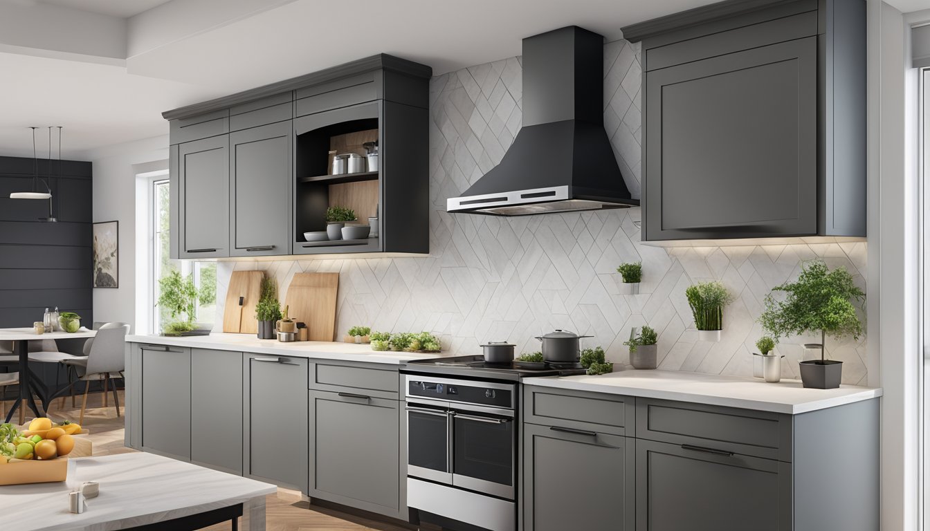 A modern kitchen with a sleek chimney hood and a slim hood above the stove, showcasing the latest features and technologies