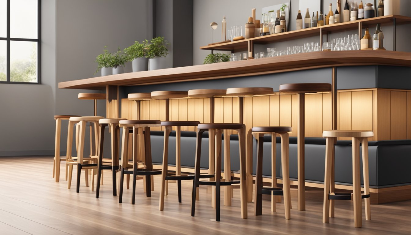 A variety of wooden bar stools arranged in a spacious, well-lit showroom. Different designs showcase unique features and craftsmanship