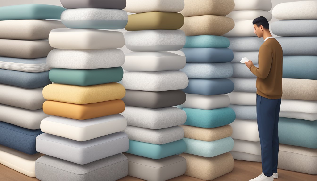 A person standing in front of a variety of foam mattress samples, carefully examining the different textures and thicknesses