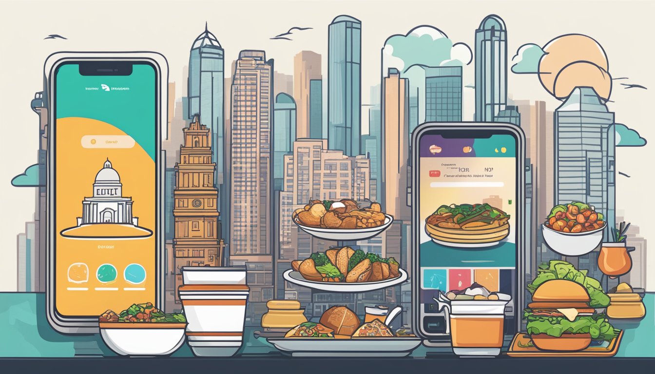 A smartphone displaying top food and dining apps against a backdrop of iconic Singaporean landmarks