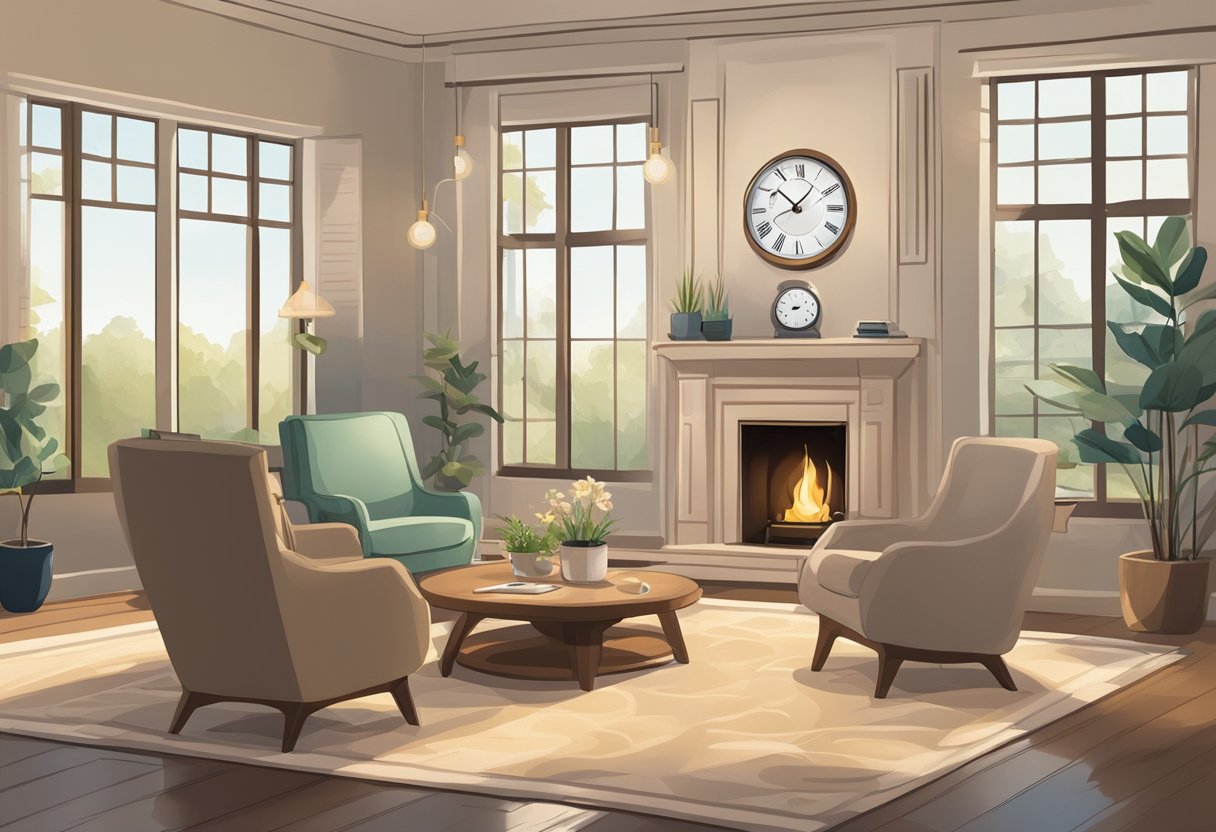 A tranquil room with soft lighting, comfortable chairs, and calming decor. A clock on the wall shows the time, and a phone and call bell are within reach