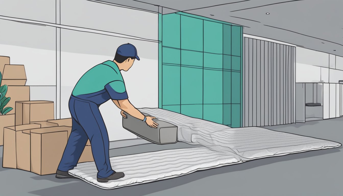 A person placing a mattress into a designated disposal area in Singapore