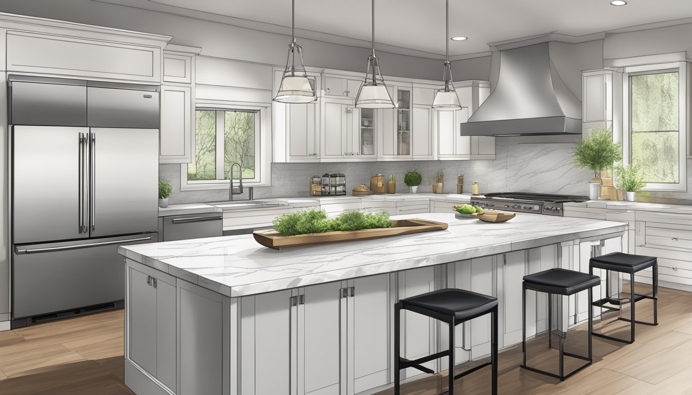 A modern kitchen with sleek white cabinets, a marble countertop, and stainless steel appliances. A large island with bar stools provides extra seating and prep space