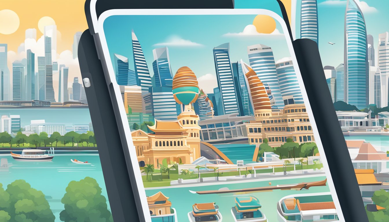A smartphone displaying travel and lifestyle apps against a backdrop of Singapore landmarks and cityscape