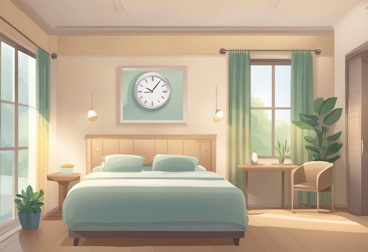 A serene hospice room with a comfortable bed, soft lighting, and a peaceful atmosphere. A clock on the wall shows 24/7 support