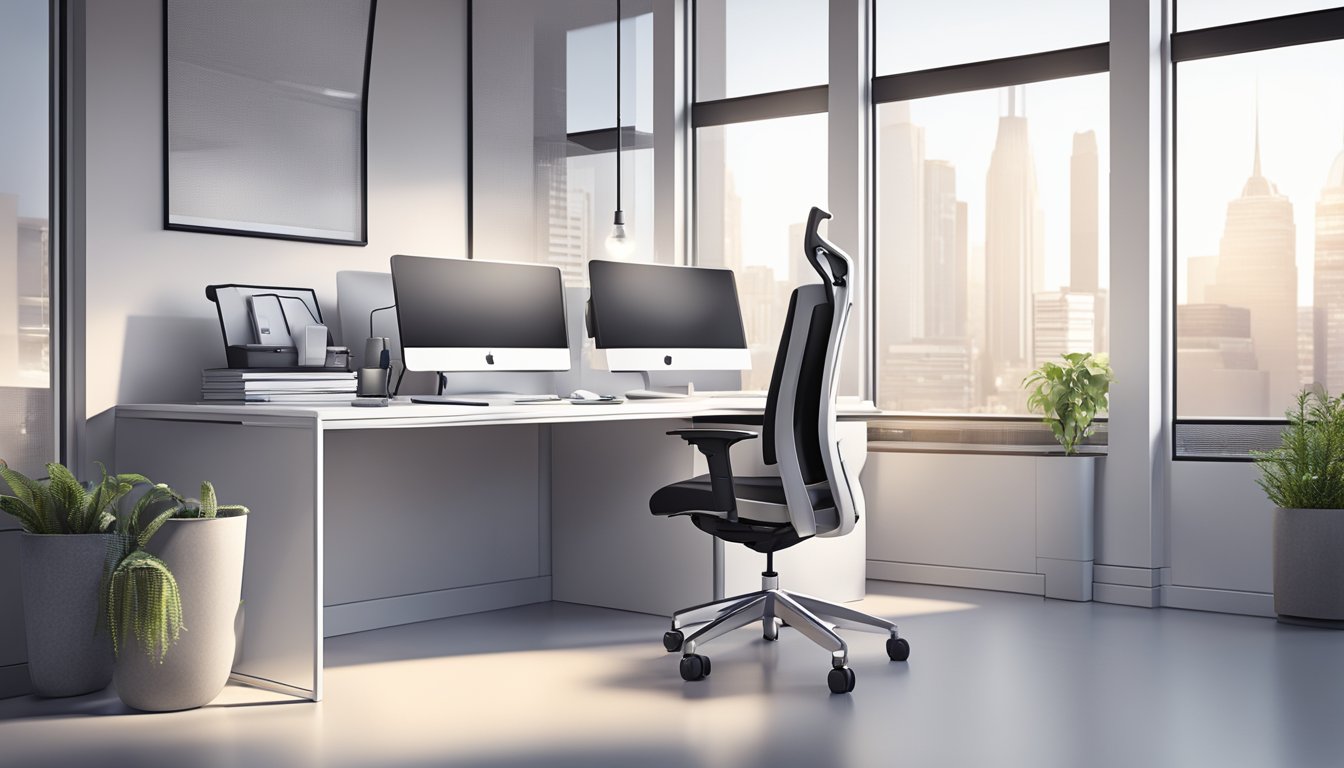 A modern office setting with a sleek mesh chair, adjustable features, and ergonomic design. Bright lighting and a clean, organized workspace