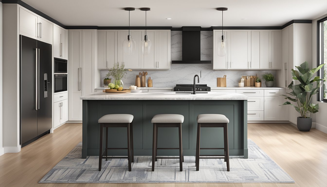 A sleek, modern kitchen with minimalist cabinets, a marble countertop, and stylish bar stools. The color scheme is neutral with pops of vibrant, trendy accents