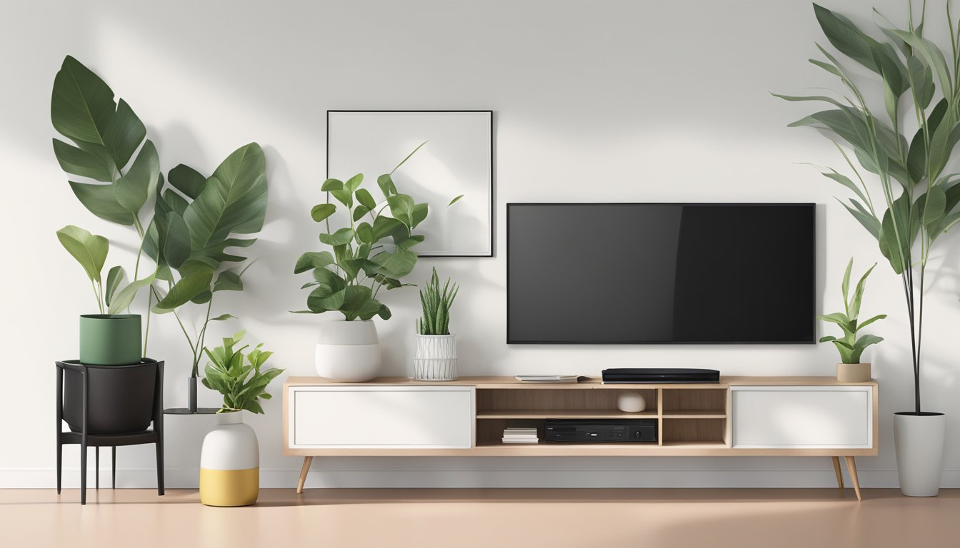 A sleek TV console with minimalist decor and a pop of greenery