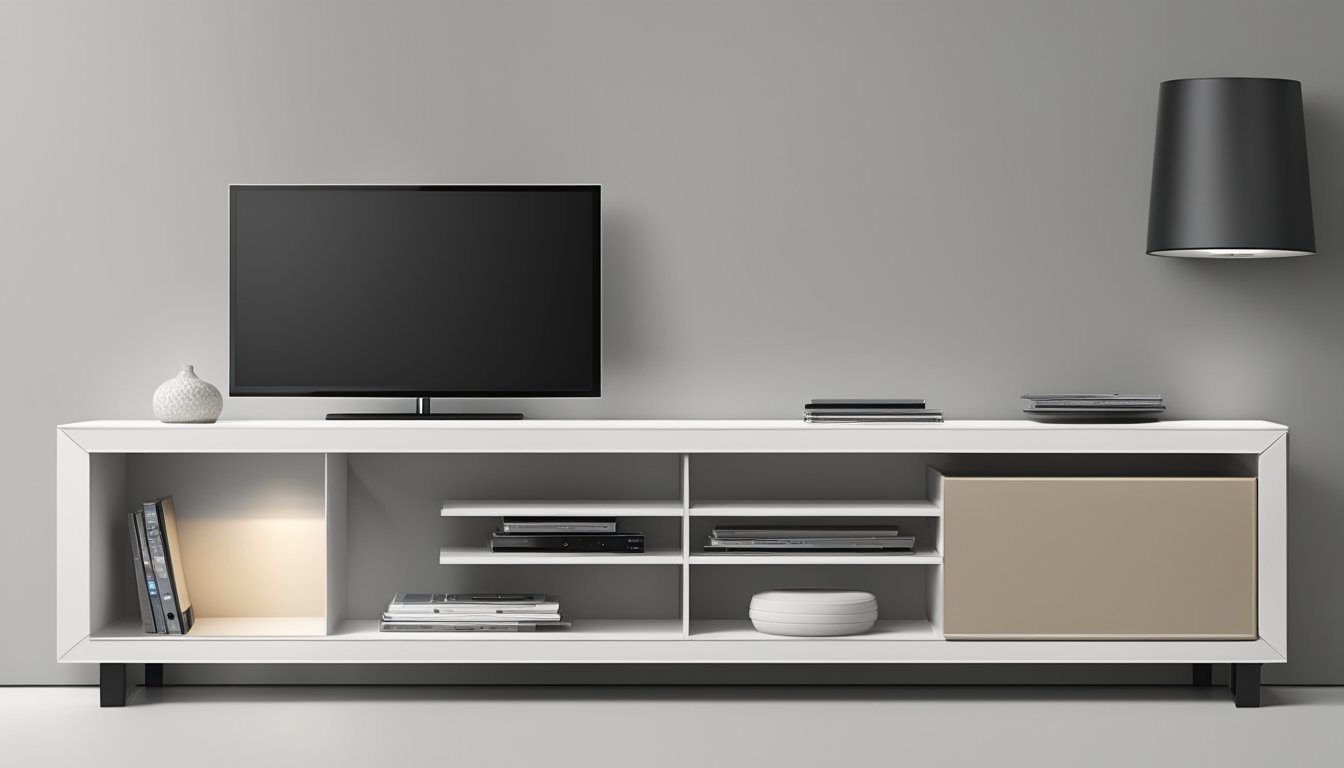 A sleek, modern TV console with clean lines and a minimalist design, featuring ample storage space and a glossy finish