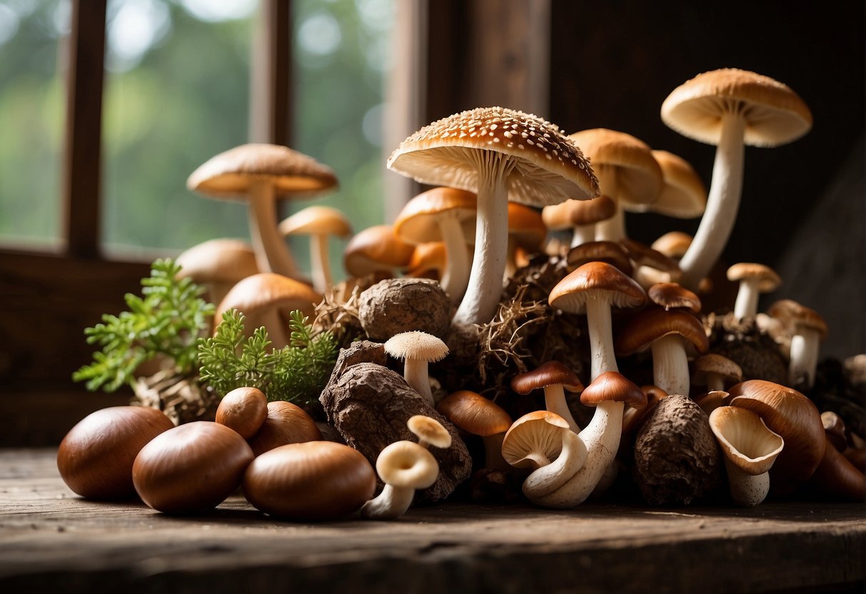 A diverse array of edible mushrooms, including reishi, lion's mane, and shiitake, are arranged on a rustic wooden table. A beam of sunlight filters through the window, illuminating the natural beauty of the fungi