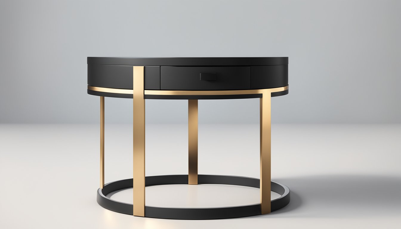 A sleek, modern round bedside table with clean lines and a minimalist design, featuring a polished surface and metallic accents