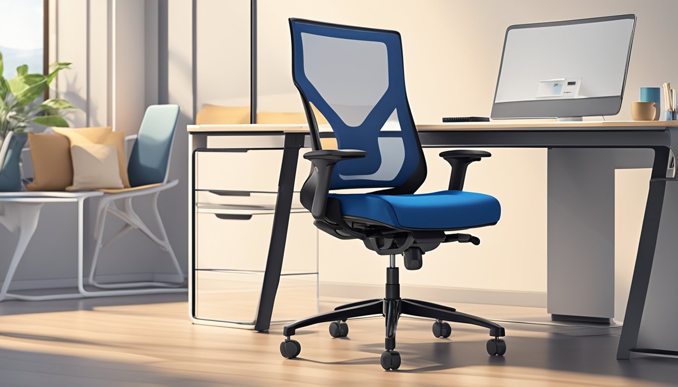 A sleek, modern office chair with a breathable mesh backrest, adjustable armrests, and a comfortable seat cushion. The chair is set in a professional office environment with a clean, organized desk and a computer