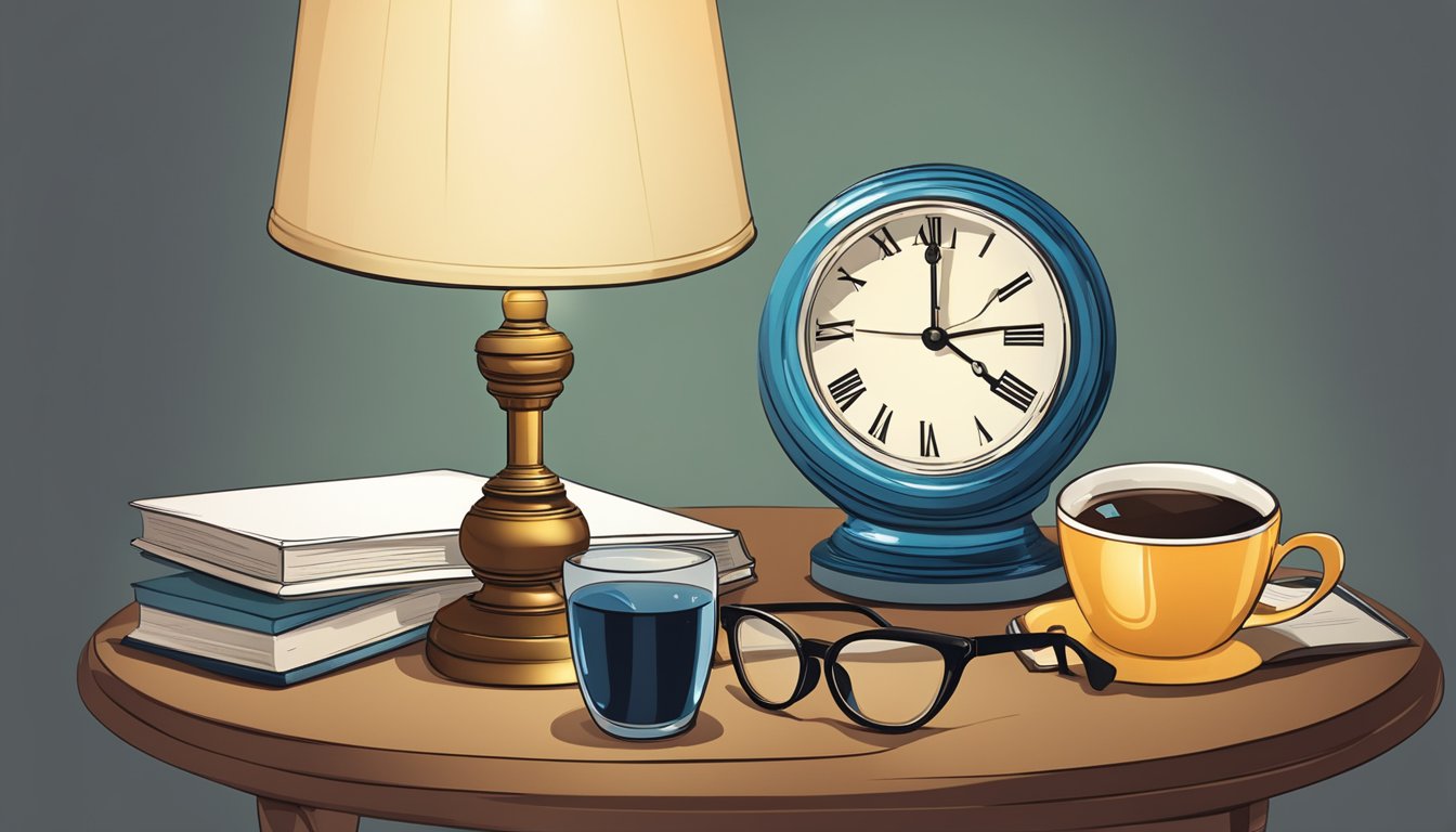 A lamp, clock, and book sit on a round bedside table. A cup of water and eyeglasses are also present