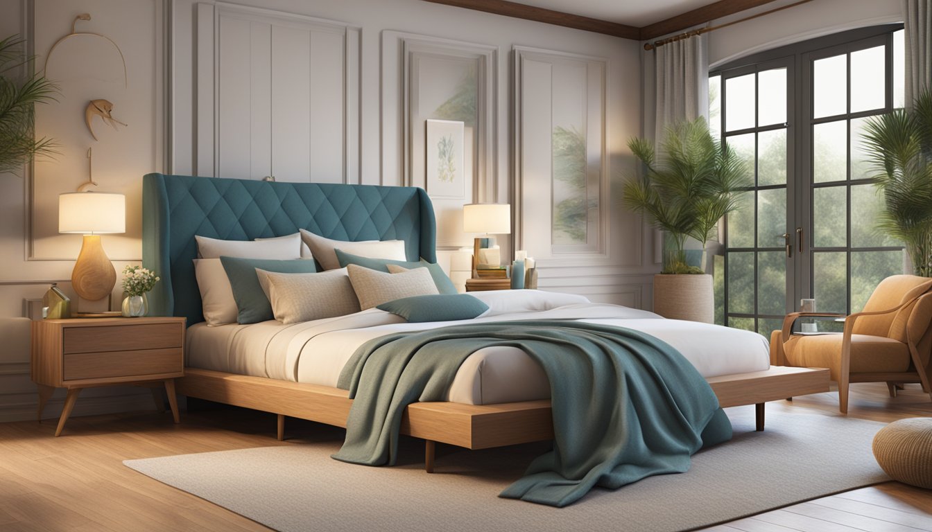 A serene bedroom with a cozy Seahorse mattress as the focal point, surrounded by soft pillows and a warm, inviting atmosphere