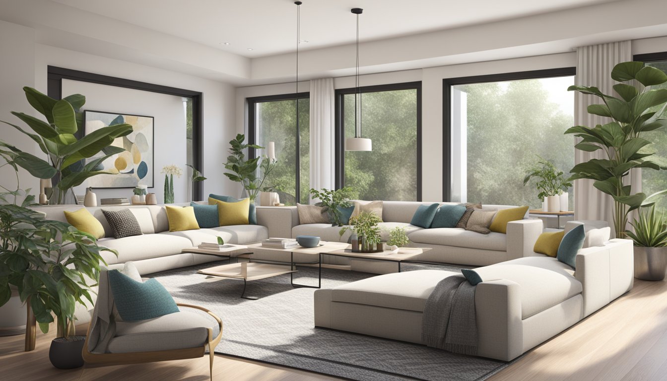 A modern living room with sleek furniture and neutral color palette, accented with pops of color and textured fabrics. Large windows let in natural light, and indoor plants add a touch of greenery