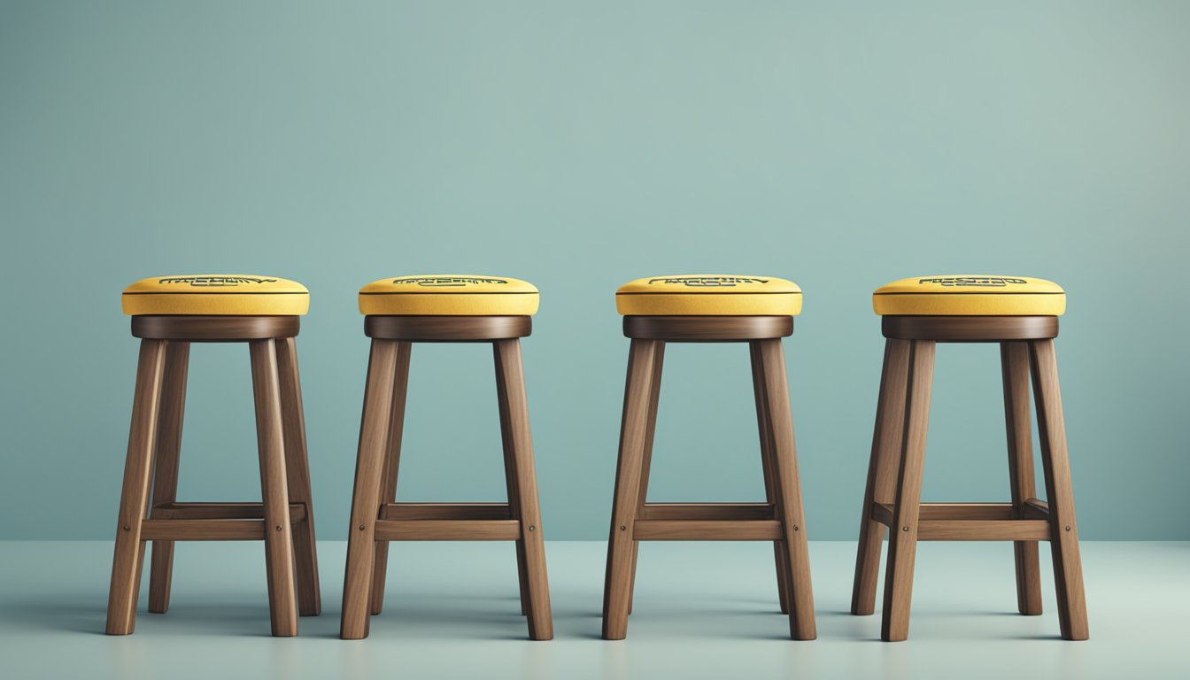 Three wooden bar stools arranged in a row, with a "Frequently Asked Questions" sign displayed prominently