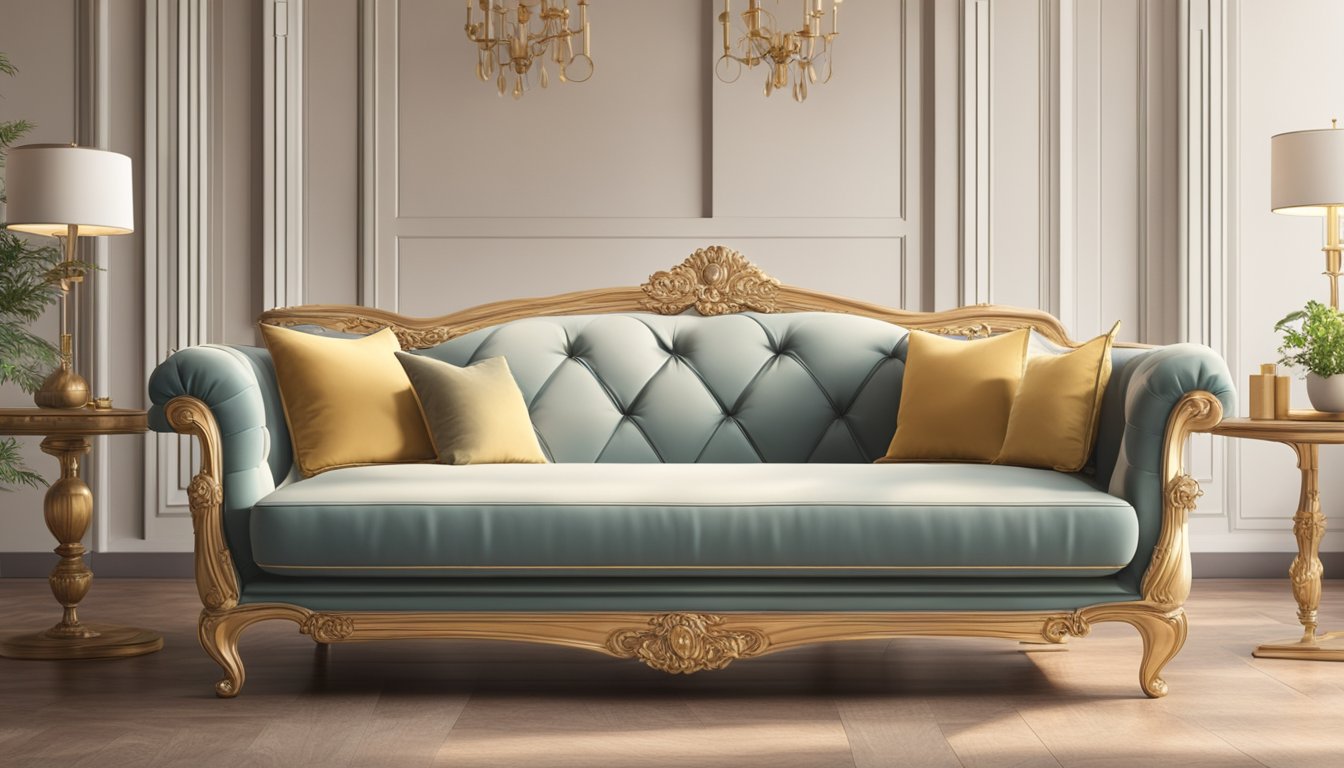 A luxurious Italian sofa sits in a stylish living room, surrounded by elegant decor and bathed in natural light