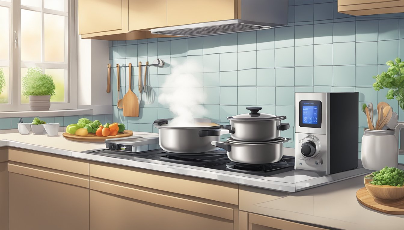 A Toyomi steamer releasing steam while cooking food on a kitchen counter