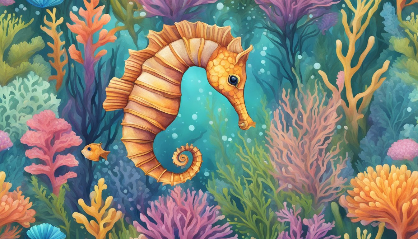 A seahorse gracefully glides through a vibrant underwater garden, surrounded by colorful coral and swaying seaweed