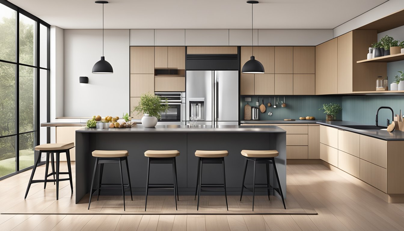 A modern kitchen with sleek cabinets, a spacious island, and stylish bar stools. The room is filled with natural light and adorned with minimalist decor