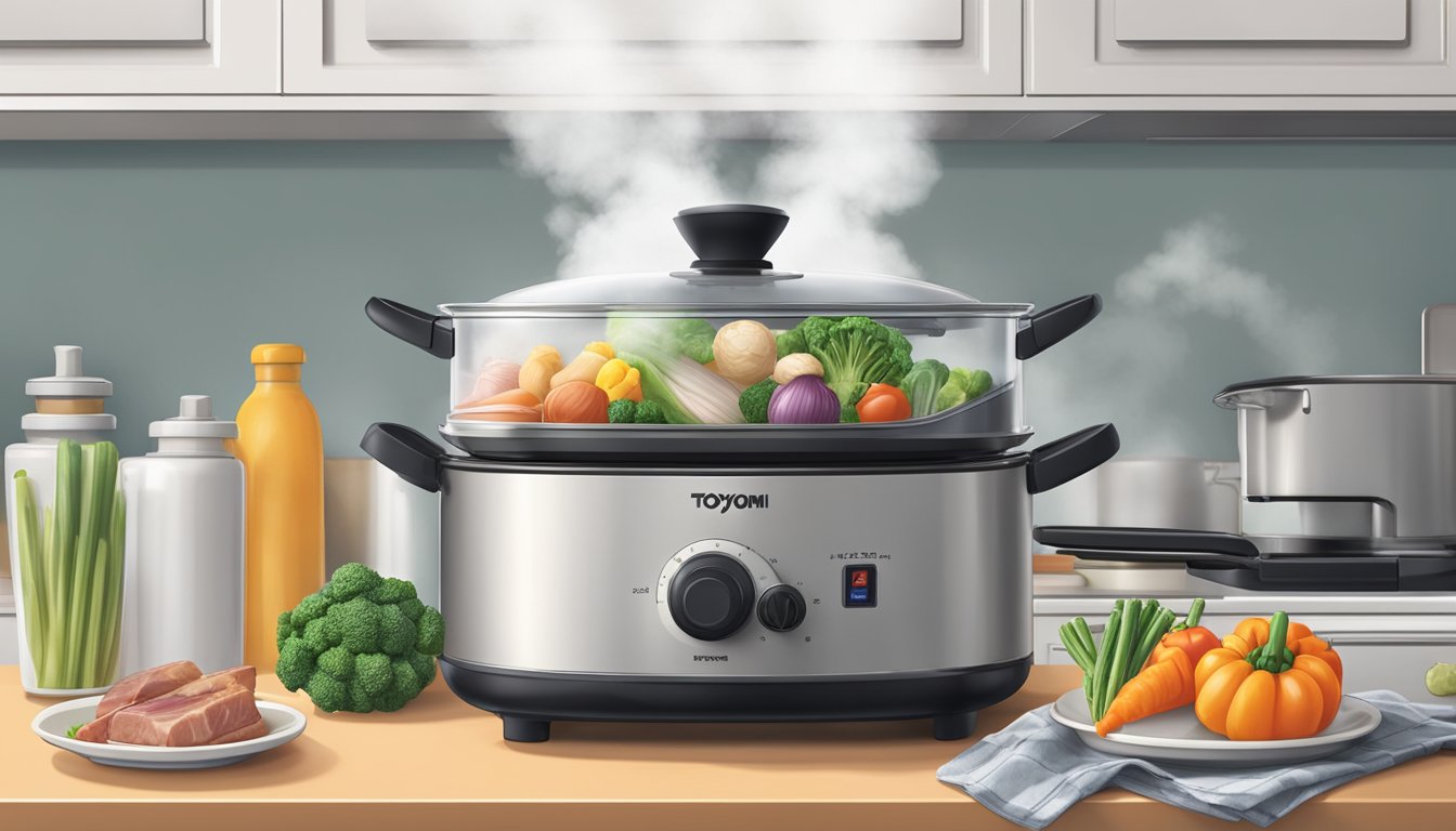 A Toyomi steamer sits on a kitchen countertop, emitting steam from its vent as it cooks a variety of vegetables and meats inside