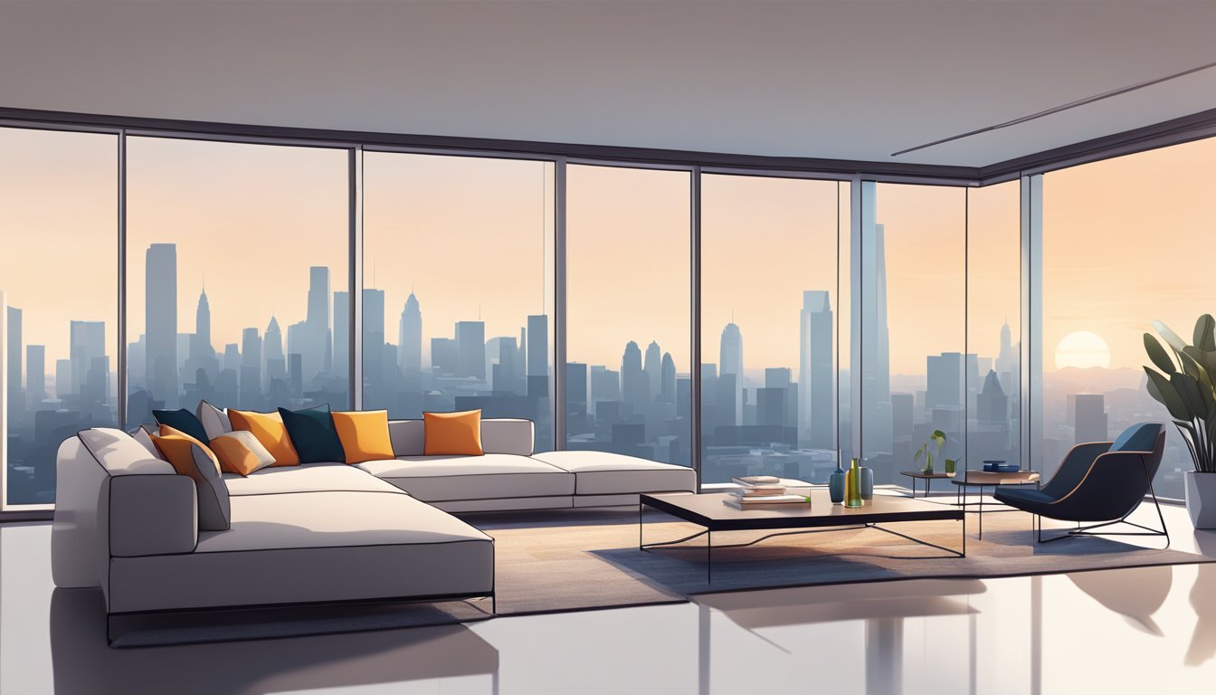A modern living room with sleek furniture and floor-to-ceiling windows overlooking the city skyline. A minimalist color palette with pops of vibrant accents