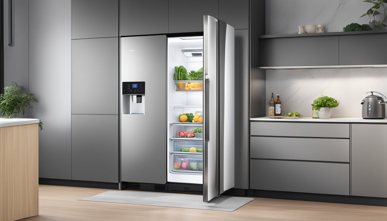 A sleek 3-door fridge in a modern Singapore kitchen, with stainless steel finish and digital temperature display