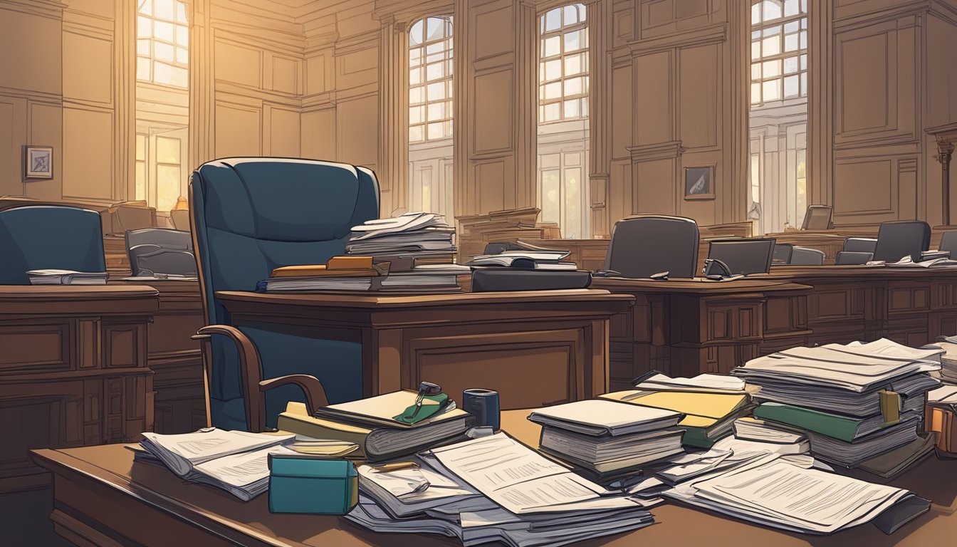 A cluttered study table in a dimly lit courtroom. Papers, books, and a gavel are scattered across the table