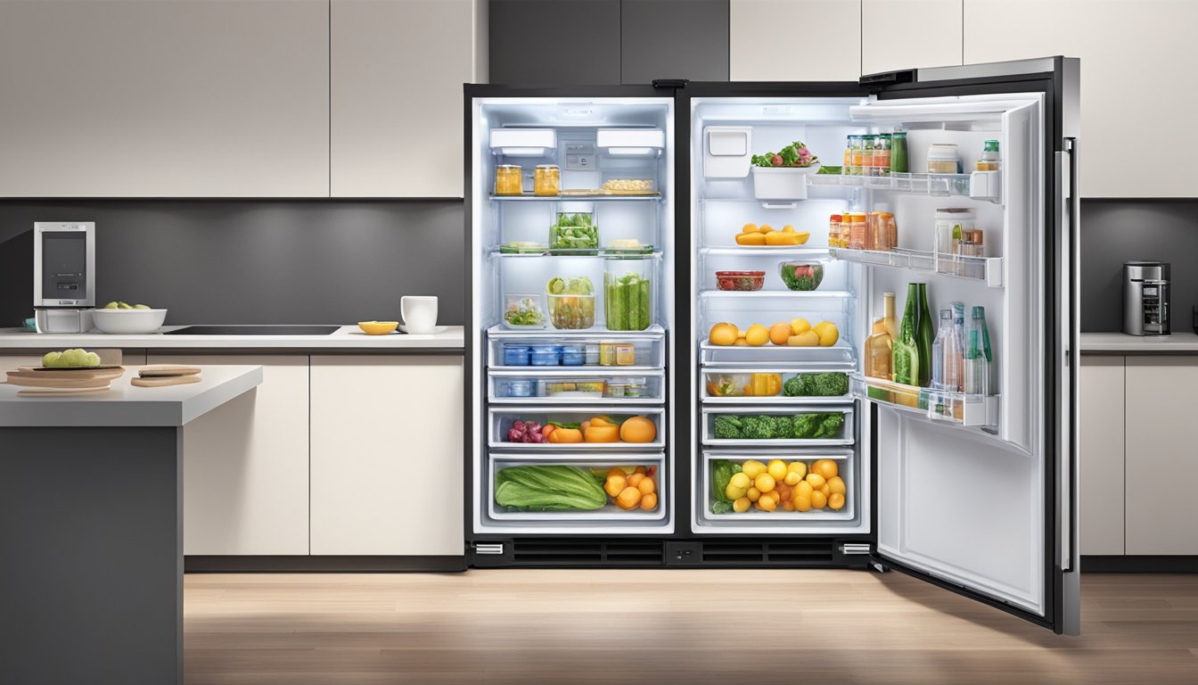 A 3 door fridge stands open, showcasing its innovative features like adjustable shelves, spacious compartments, and energy-efficient LED lighting