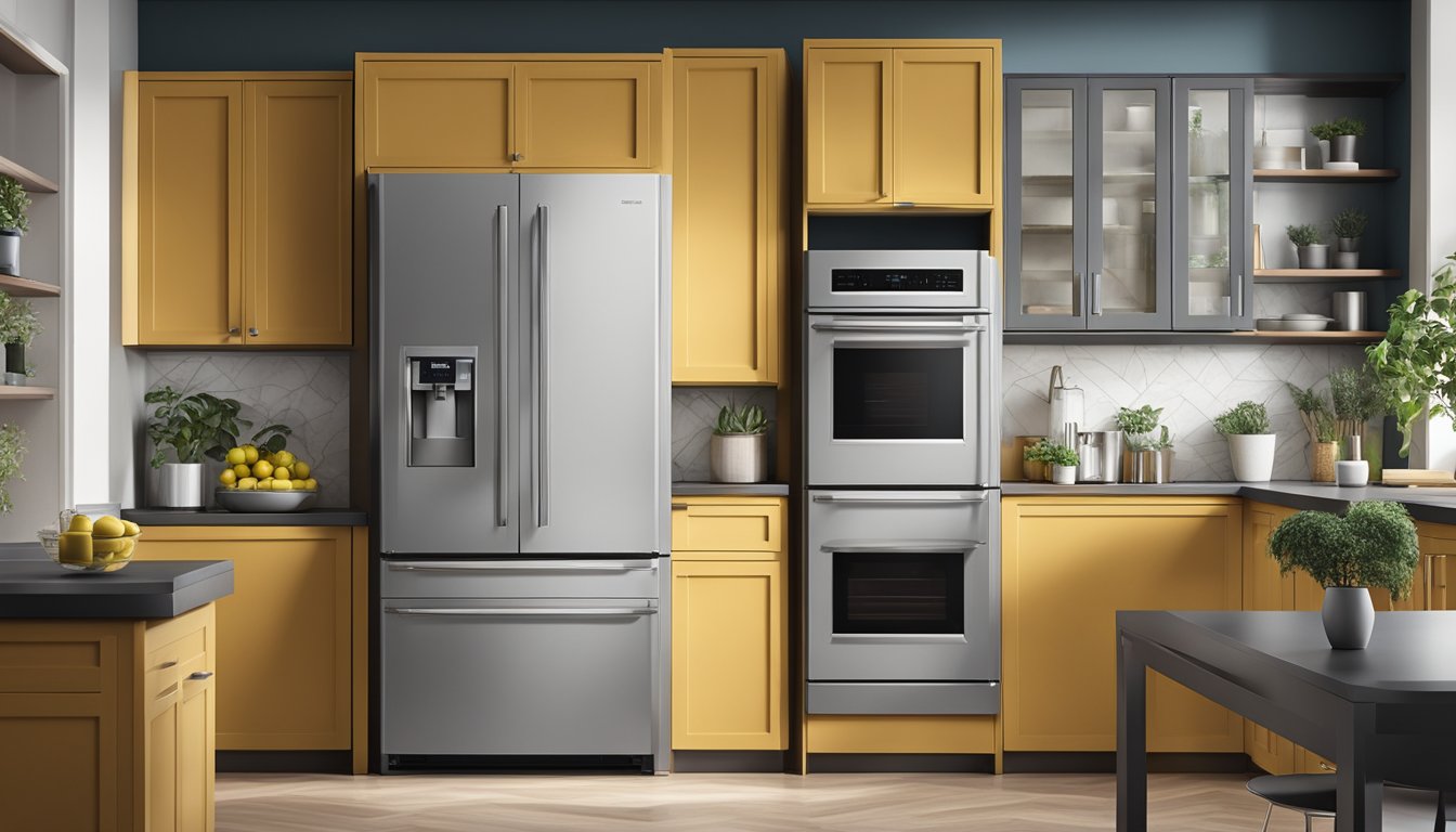 Three sleek 3-door fridges stand side by side in a modern kitchen, each displaying advanced features and a stylish design