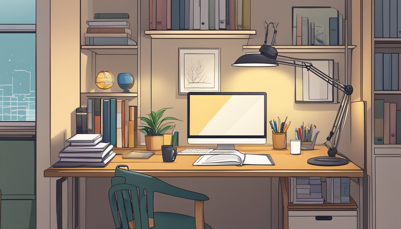 A study table in a Singaporean home, neatly organized with books, stationery, and a laptop. A desk lamp provides focused lighting for studying