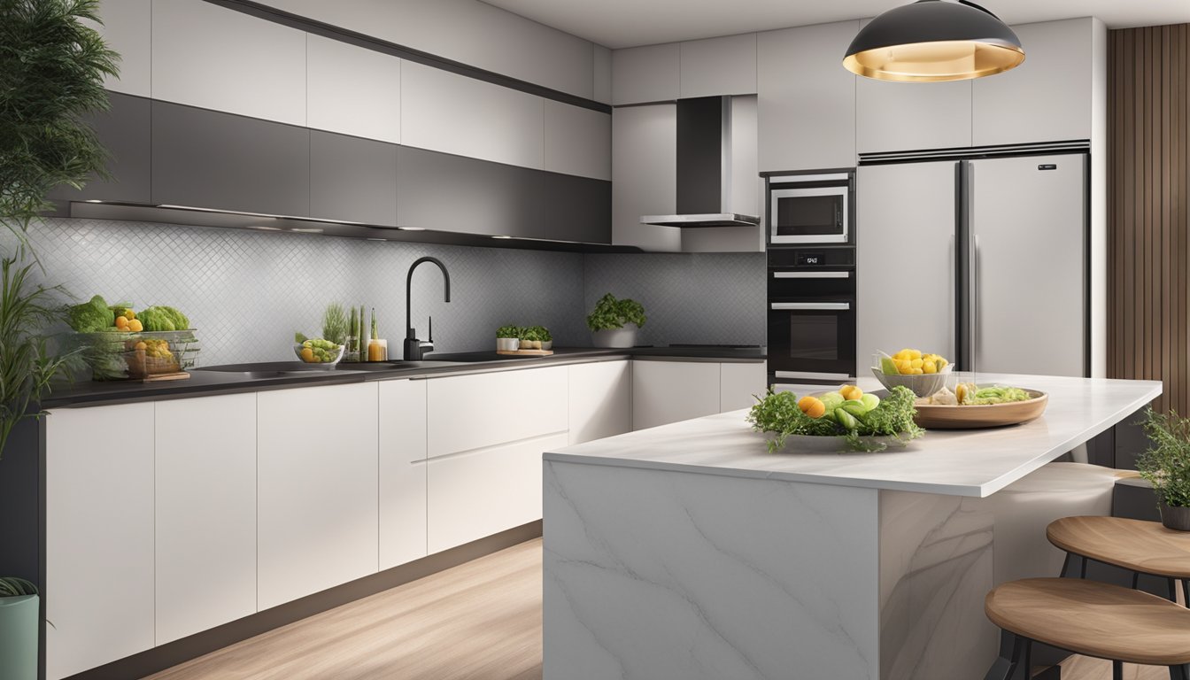 A modern kitchen with a sleek and spacious 3-door fridge in Singapore, surrounded by clean countertops and stylish appliances