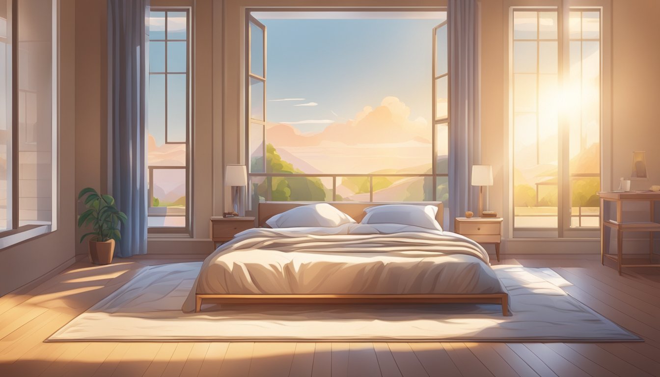 A neatly made bed with a plush mattress and soft pillows, bathed in warm sunlight streaming through a window