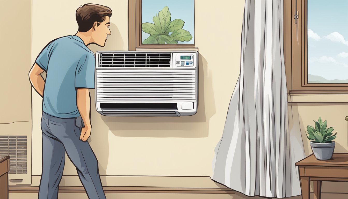 A broken air conditioner with warm air blowing out, while a confused person looks at the thermostat