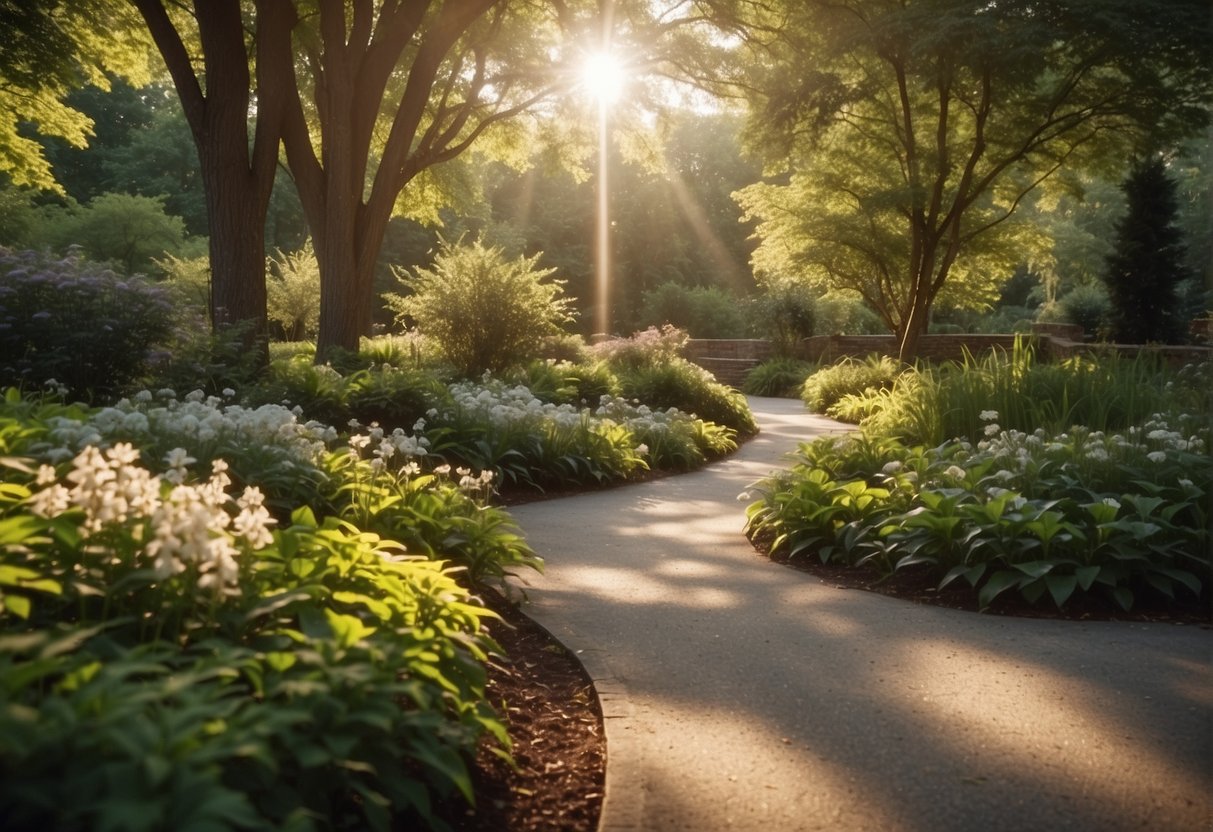 A serene, sunlit garden with a winding path, blooming flowers, and a tranquil pond. Tall trees provide shade, and a gentle breeze rustles the leaves