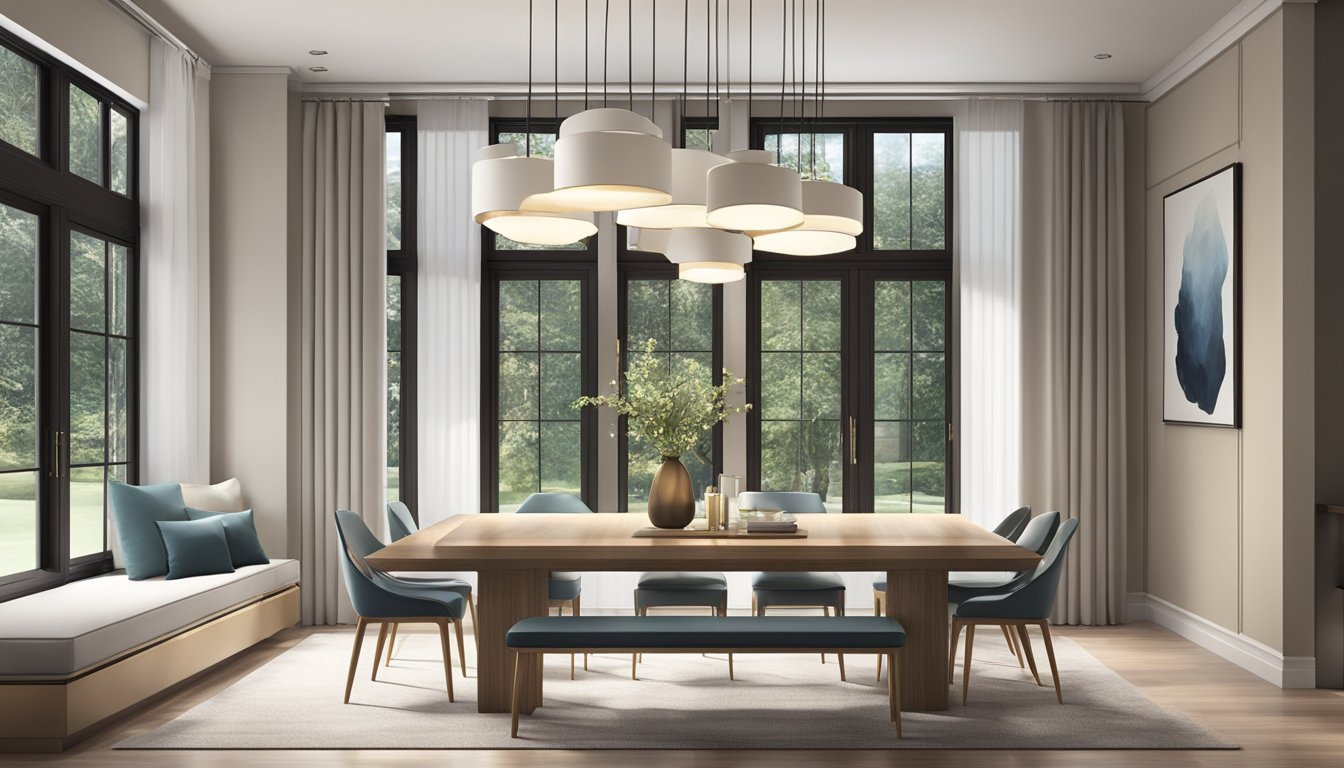 A spacious dining area with a sleek built-in table and bench, surrounded by large windows and adorned with modern lighting fixtures
