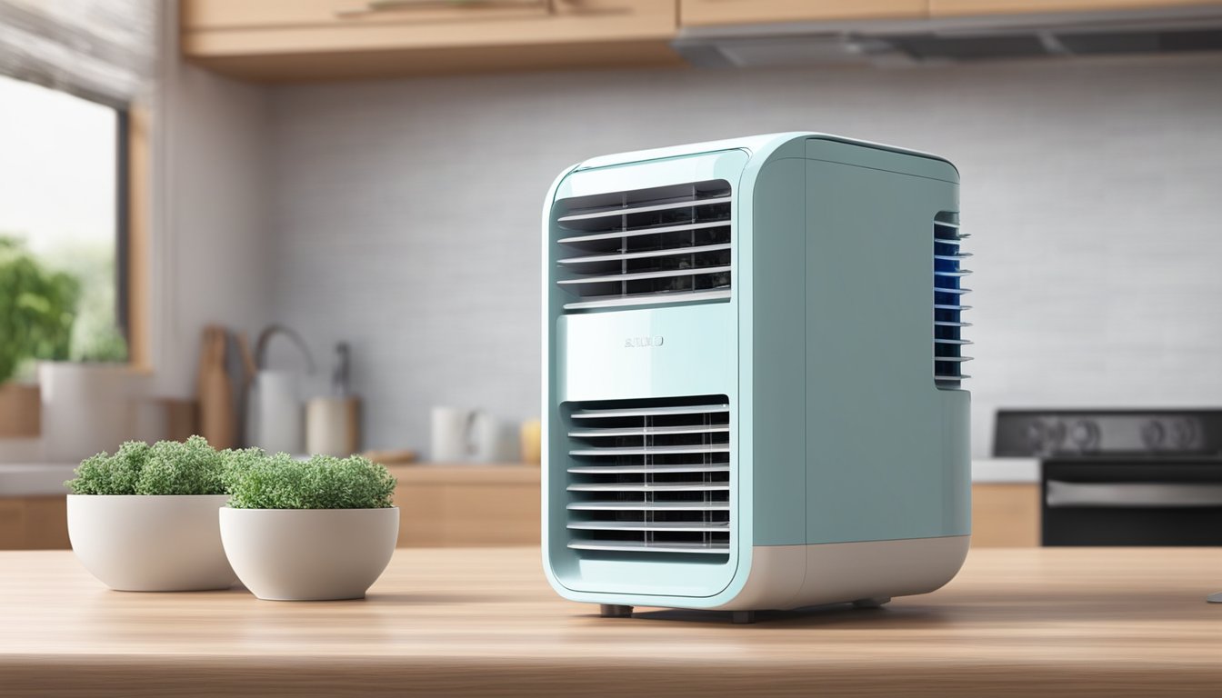 A mini air cooler sits on the kitchen counter, emitting a cool breeze. It is compact and sleek, with adjustable settings and a small water tank