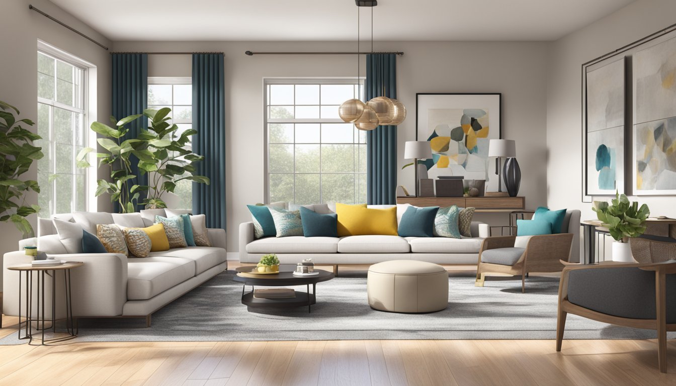 A modern living room with sleek furniture, neutral colors, and pops of vibrant accents. Clean lines and ample natural light create a welcoming and stylish space