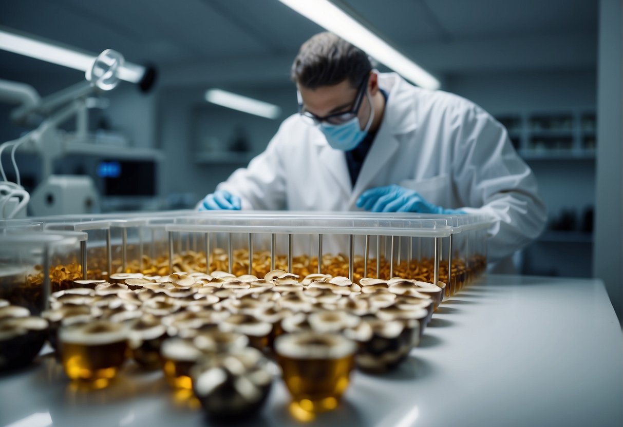 A laboratory setting with mushroom samples, scientific equipment, and researchers analyzing data to validate the healing properties of edible mushrooms