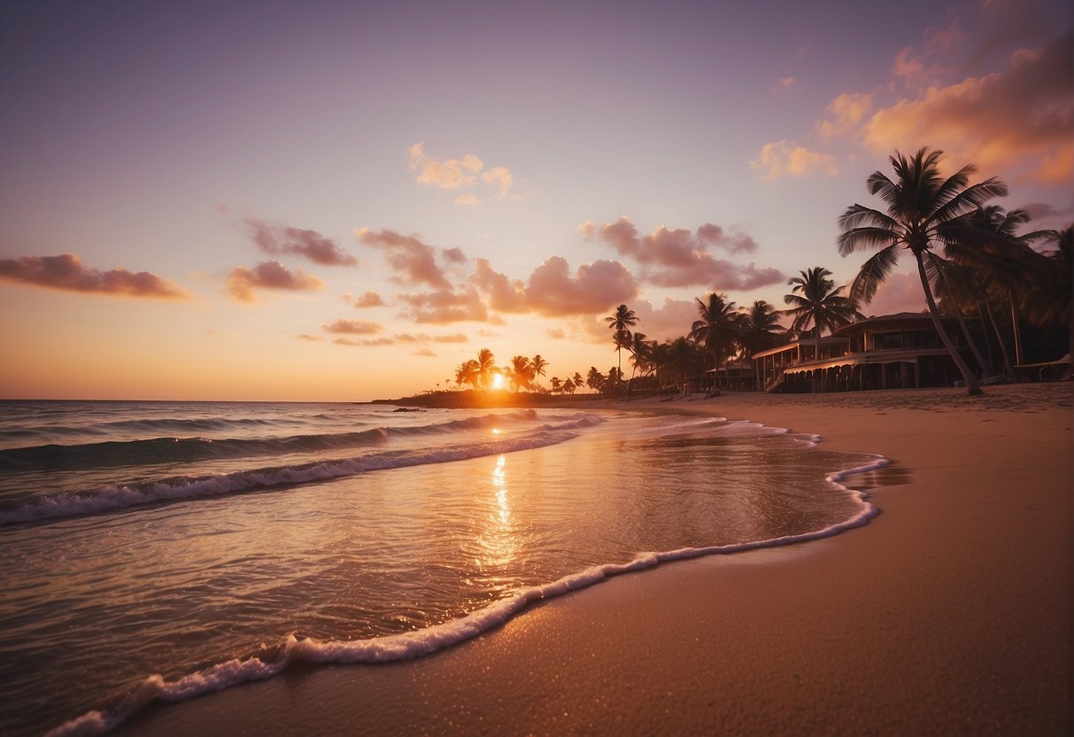 A serene beach at sunset, with gentle waves lapping the shore and palm trees swaying in the breeze. The sky is a warm palette of oranges, pinks, and purples, creating a peaceful and tranquil atmosphere